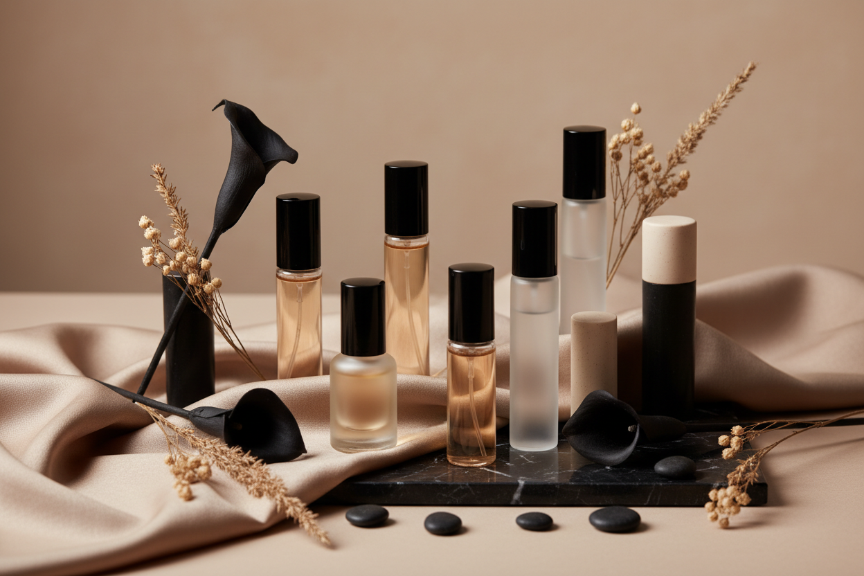 CREAR UNA IMAGEN DE BOTELLAS DE PERFUME PEQUENA DE MEDIDA SAMPLE CON TAPAS NEGRAS QUE LA DECORACION A SU ALREDEDOR SEA DE COLOR BEIGE CON NEGRO