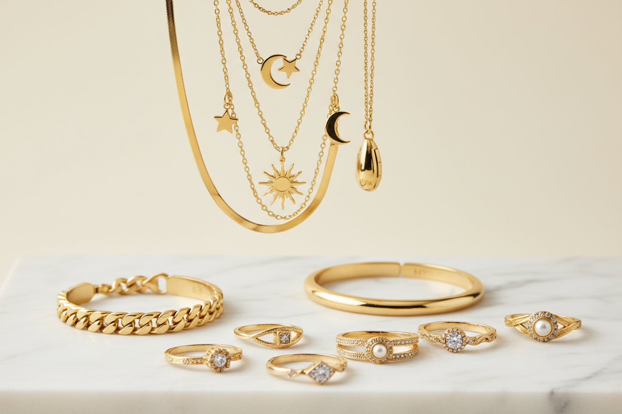 CREAR UNA IMAGEN DE JOYERIA DE COLOR ORO QUE INCLUYA ANILLOS PULSERAS Y CODENAS 